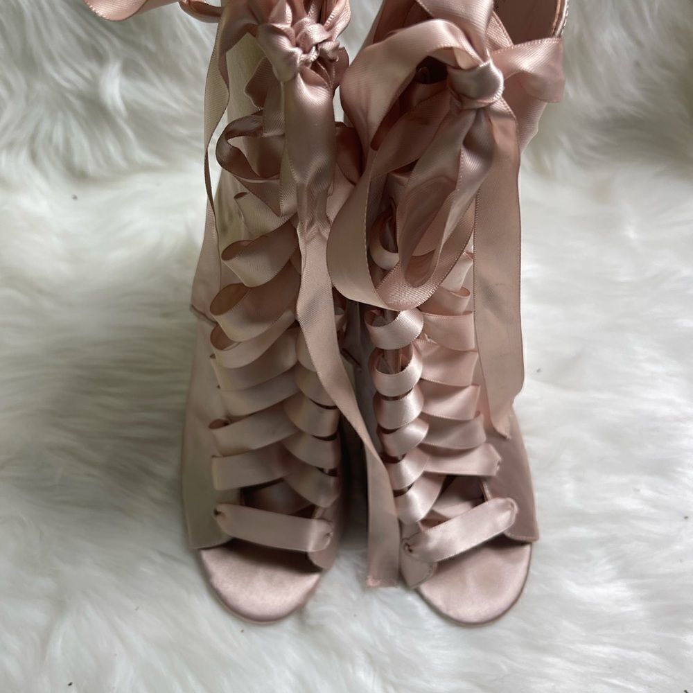Aldo blush pink satin lace up ankle booties with side zipper 4”block heels SZ10 - Picture 3 of 8
